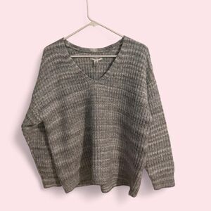 Calvin Klein Sweater Womens L Grey Striped V-Neck Knit Wool Blend